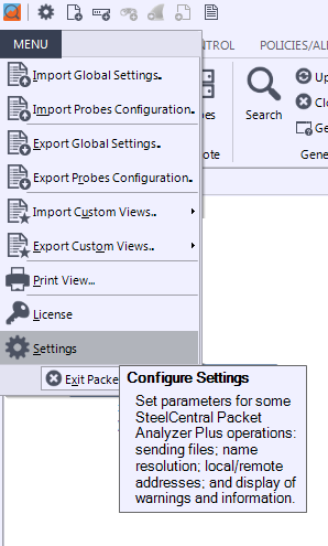 SteelCentral Packet Analyzer Plus Settings Menu